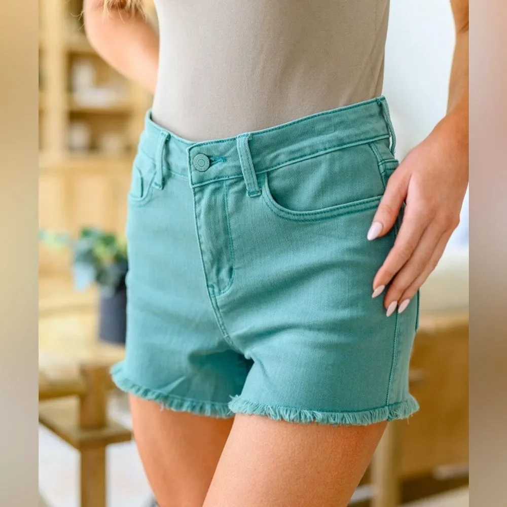 Judy Blue Mid Rise Fray Denim Cut Of Shorts